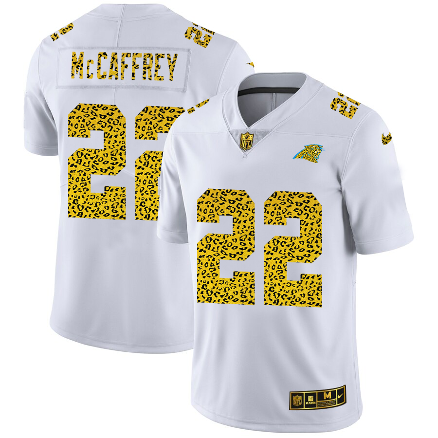 Custom Carolina Panthers 22 Christian McCaffrey Men Nike Flocked Leopard Print Vapor Limited NFL Jersey White